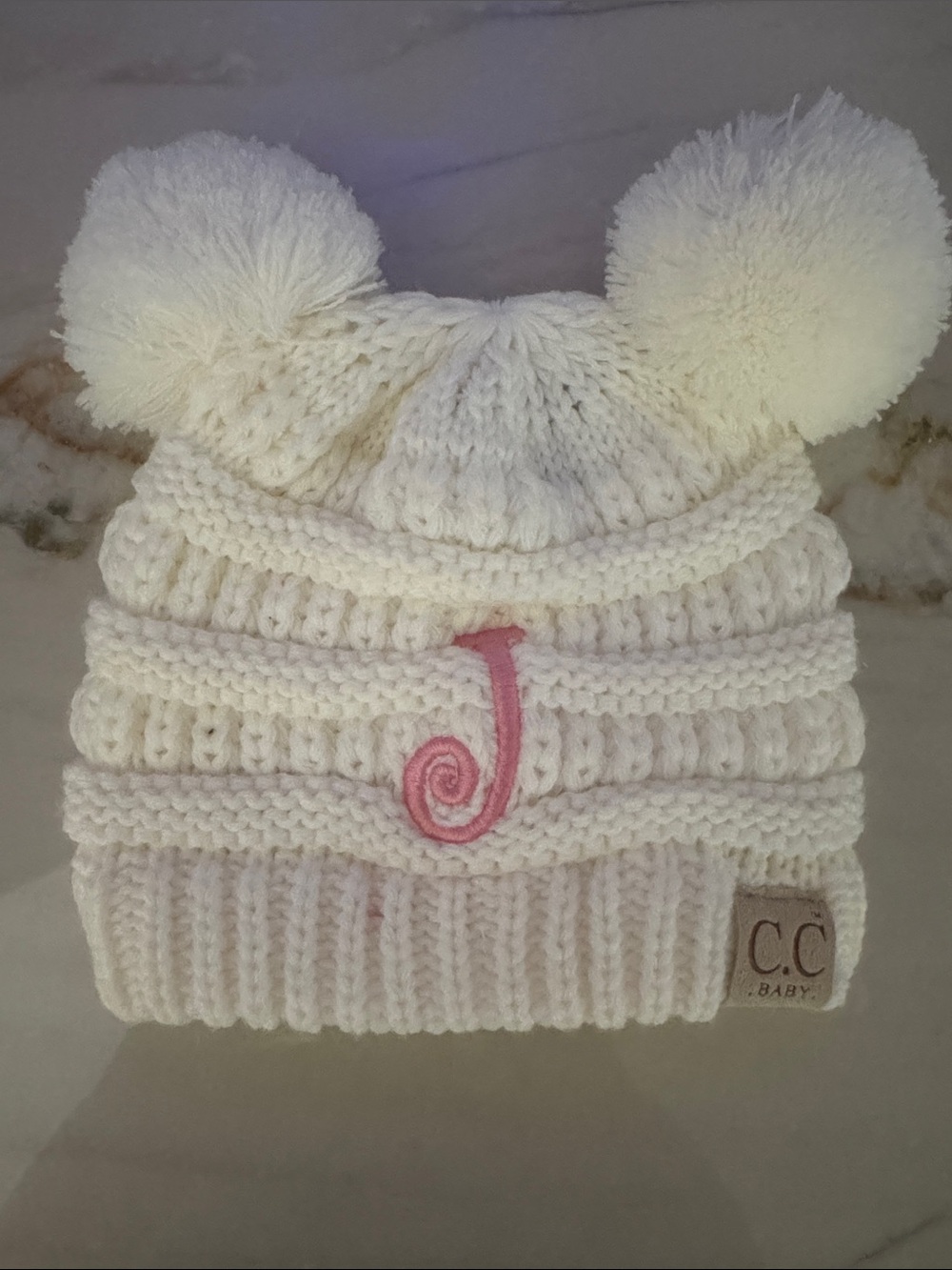 C.C Cream Knit Double Pom Beanie with Pink Monogram J